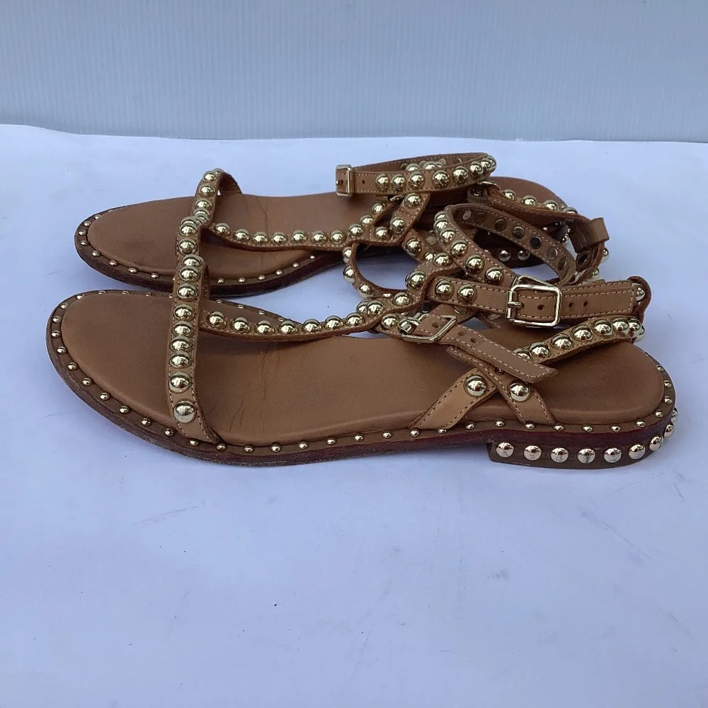 Ash Tan Leather Studded Gladiator Sandals with Gold Studs